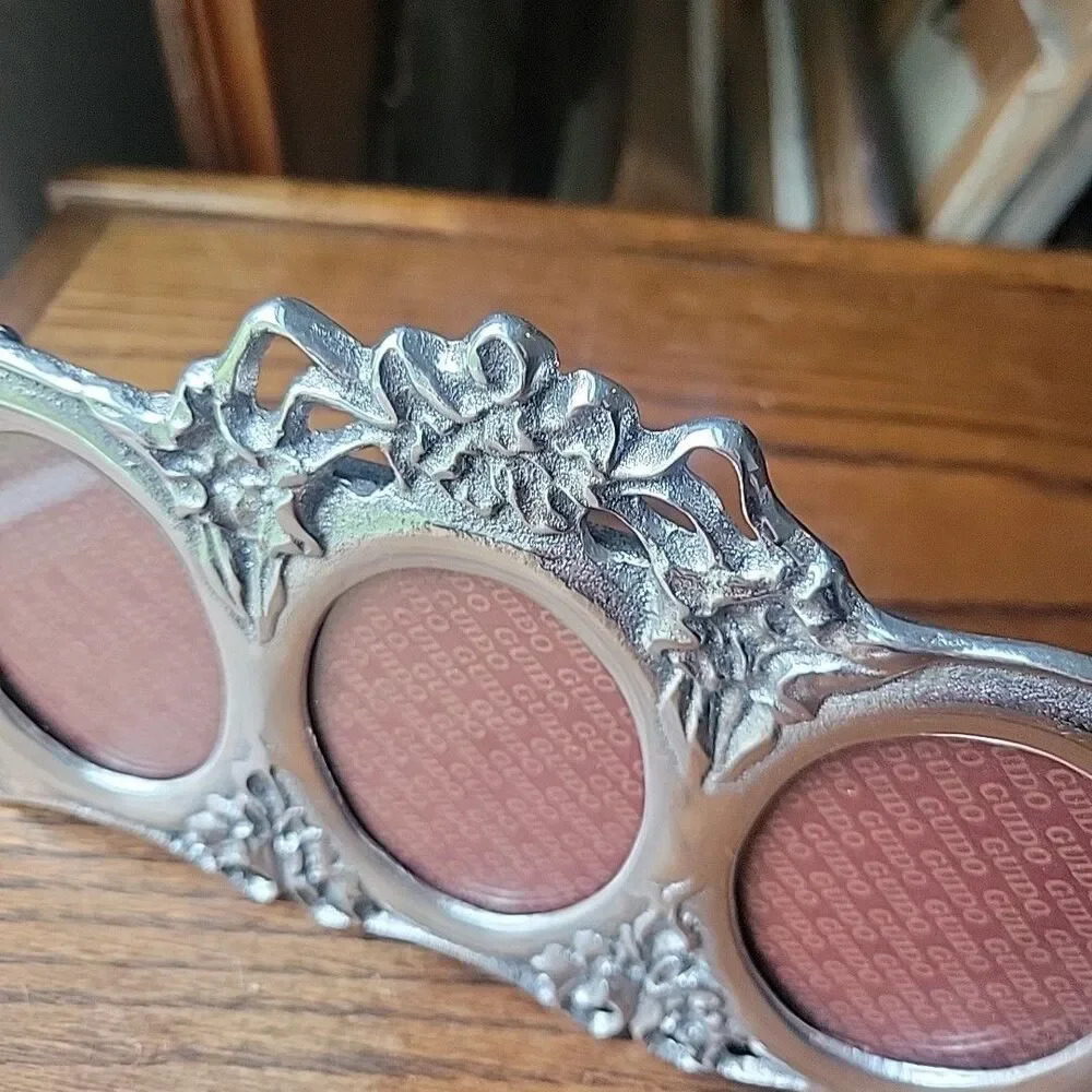 Vtg Art Nouveau Style Photo Frame Flowers 3 Oval Pictures Silver Cast Metal